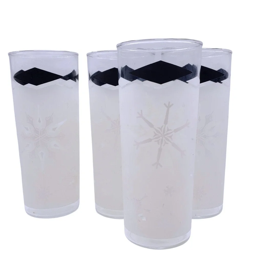 Anchor Hocking Frosted Snowflake Tall Glass Tumblers MCM Black White Diamond Bar
